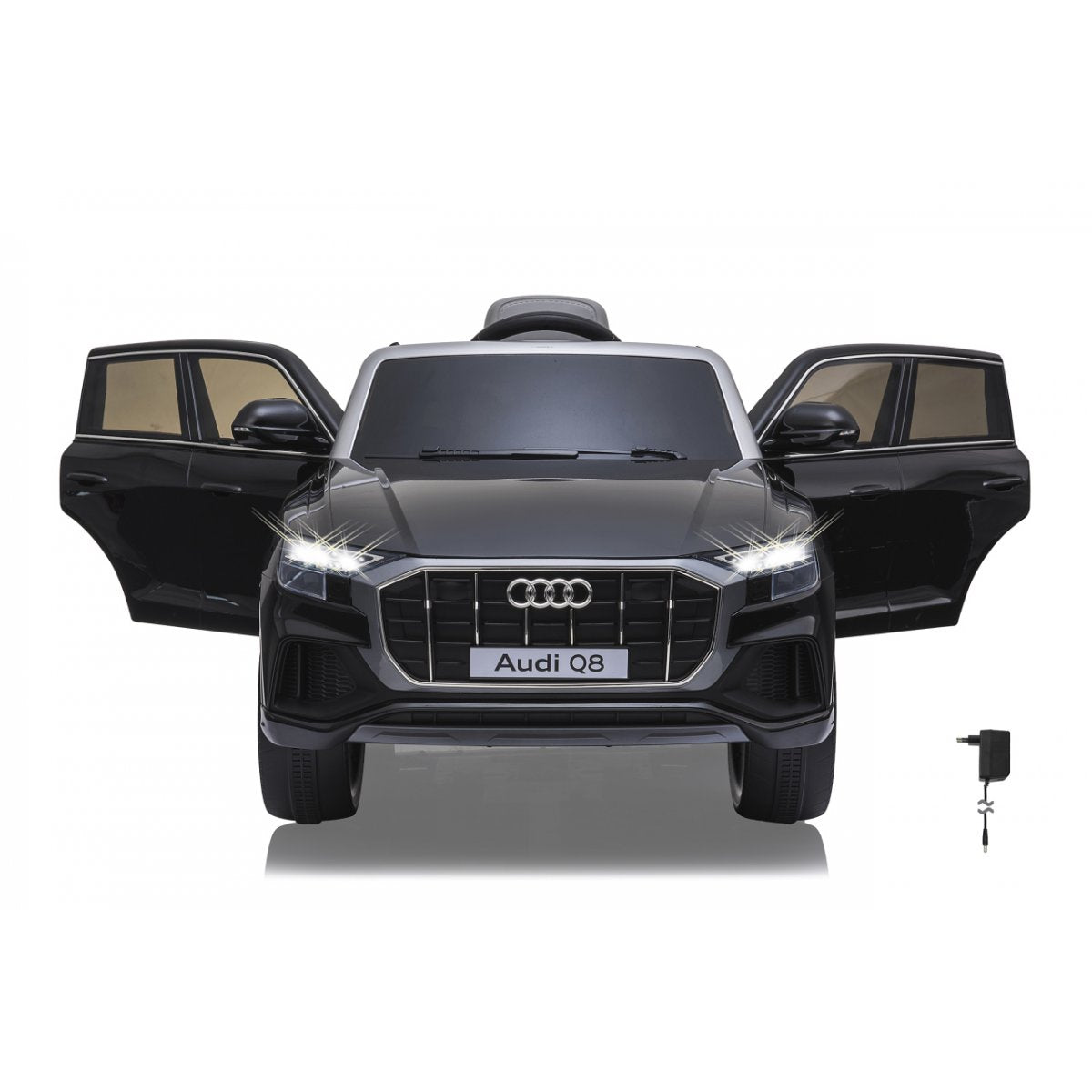 Front view of black Audi Q8 SUV electric ride on 12 volt with open doors on a white background