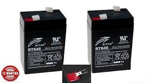 Two 12v automotive batteries for kids car and electric ride, black with red and white label details.