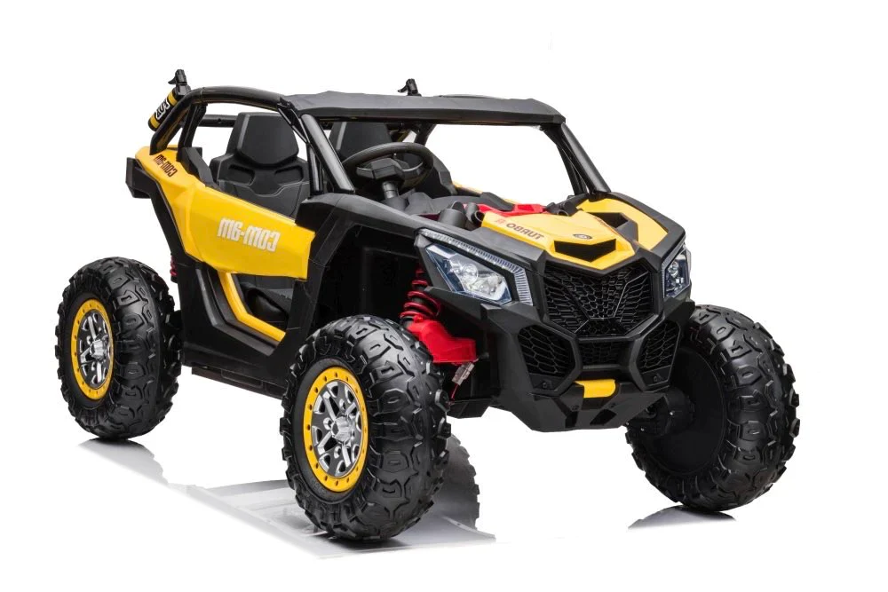 Yellow and black XL Can-Am style 24v buggy, electric ride on sport utility vehicle for kids on a white background.