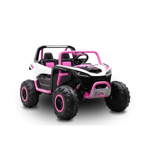 White and pink 24V electric ride-on buggy with remote, oversized EVA rubber wheels and leather seats for kids, isolated on white background.