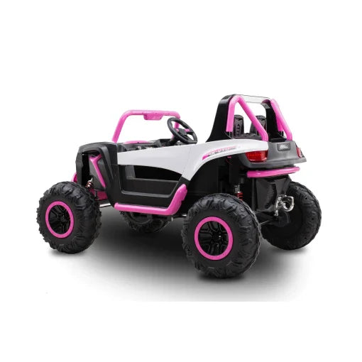 Pink and black 24v electric ride-on buggy with leather seats for kids on a white background