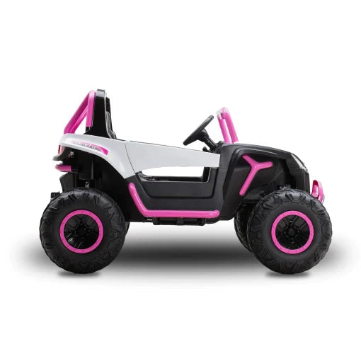 Black and pink 24v Kids Ride on Buggy with oversized EVA rubber wheels, isolated on a white background.