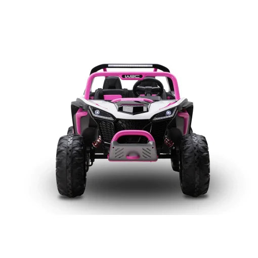 Frontal view of a pink and black 24v ride-on ATV toy with Eva Rubber wheels, equipped with remote control
