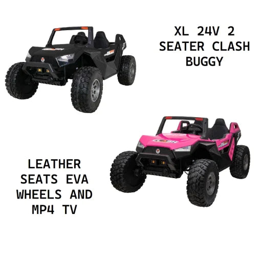 Two Clash Buggy 24v Large 2 Seater children's electric ride-on in black, equipped with leather seats, EVA wheels and MP4 TV.