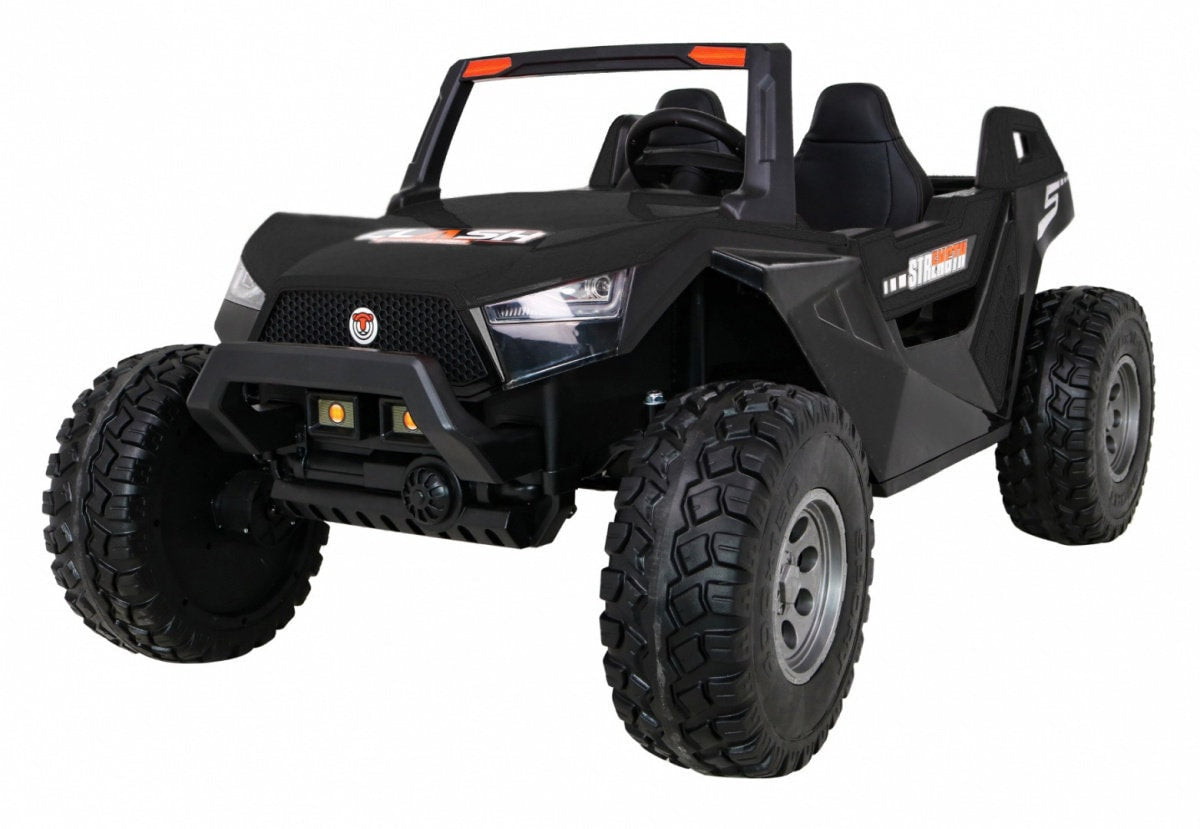 Alt Text: Black Clash Buggy 24v Extra Large 2 Seater, an electric ride-on for children, on a white background. Brand Kidscar UK.