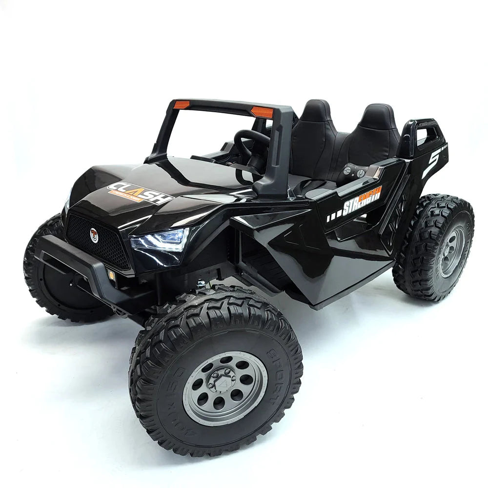 Black and silver electric children's ride-on toy car, designed as a two-seater off-road vehicle named Clash Buggy 24v Extra Large.