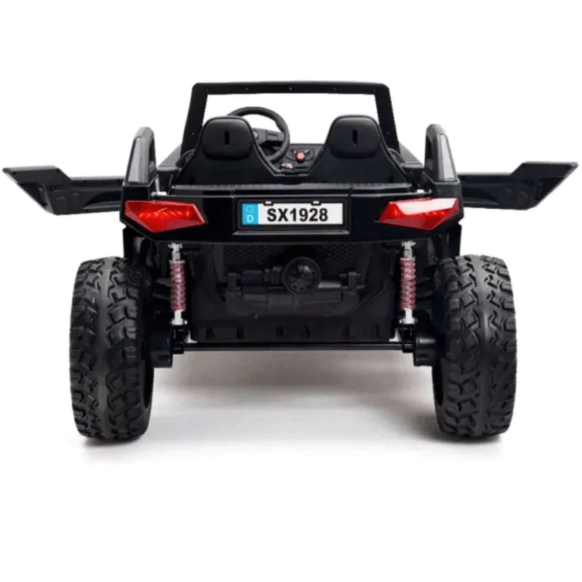 Rear view of a black Clash Buggy 24v, extra large 2 seater ride on for kids with red tail lights and visible suspension.