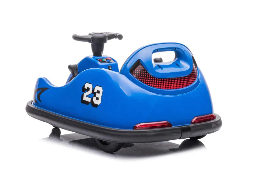 Blue electric bumper car number 23 for kids with parent remote control, isolated on white background.
