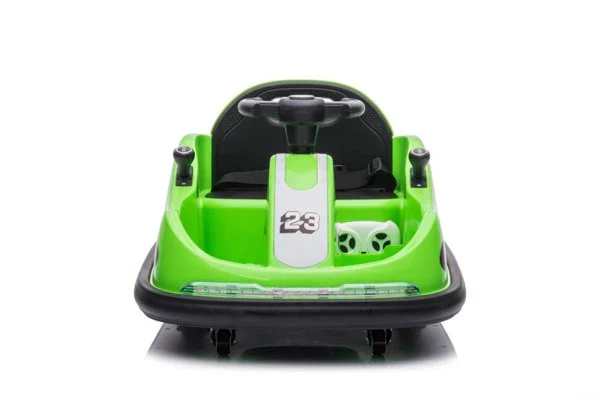Blue electric bumper car for kids with remote control, isolated on a white background.