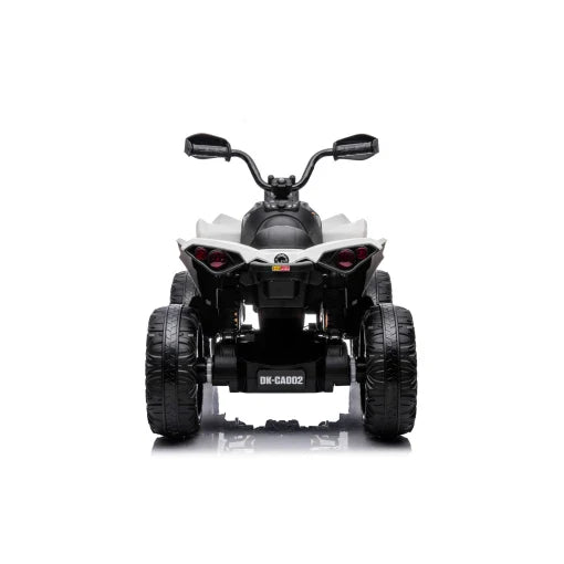 Rear view of a Cam-Am Maverick 24V kids electric quad ATV isolated on white.