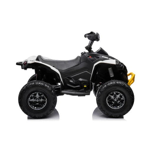 A Cam-Am Maverick 24V electric ride on quad ATV renegade toy for kids isolated on a white background.