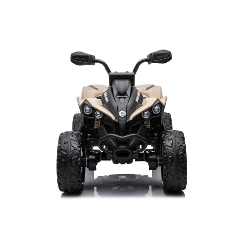 Front view of a Cam-Am Maverick 24V electric ride on quad ATV for kids, isolated on white background.