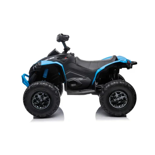 Black and blue Cam-Am Maverick 24V quad ATV Renegade electric ride on for kids on a white background.