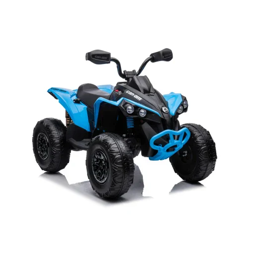 Blue and black Can-Am Maverick 24V electric ride on quad ATV for kids on a white background.
