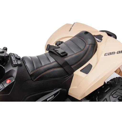 Black and tan Cam-Am Maverick 24V kids electric ride on quad ATV, showcasing the branding, seat and handlebars