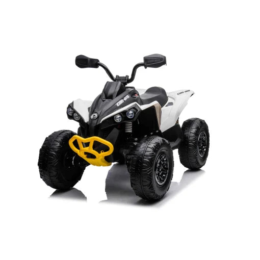 Black and white Cam-Am Maverick 24V children's electric ride on Quad ATV Renegade with striking yellow oversized gears on wheels