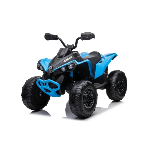 Blue and black Cam-Am Maverick 24V electric ride-on quad ATV for kids isolated on a white background