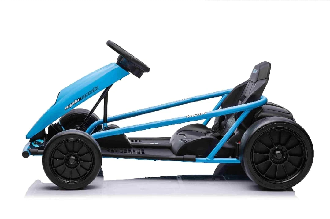 Blue Super Drift Go Kart, 24 volt, electric ride on for kids, isolated on a white background.