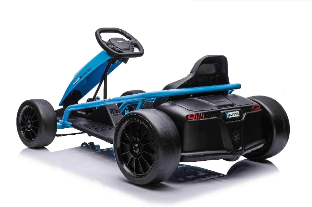 Blue Super Drift Go Kart, 24-volt electric ride-on for kids on a white background