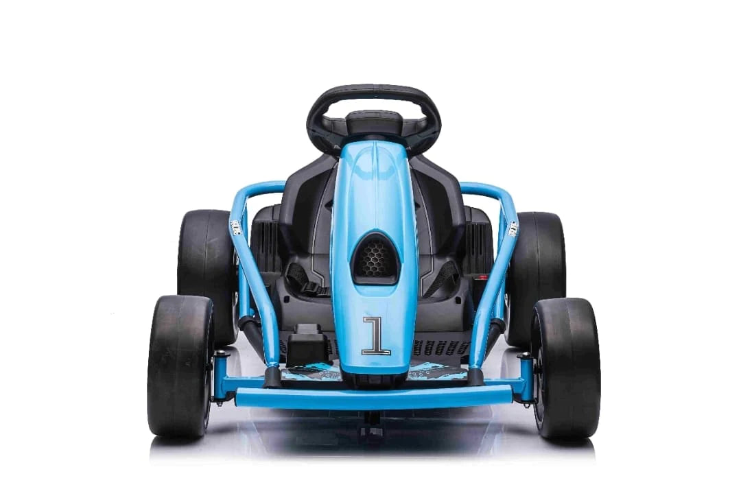 Blue Super Drift Go Kart 24 Volt, an electric ride-on for kids, set against a white background.