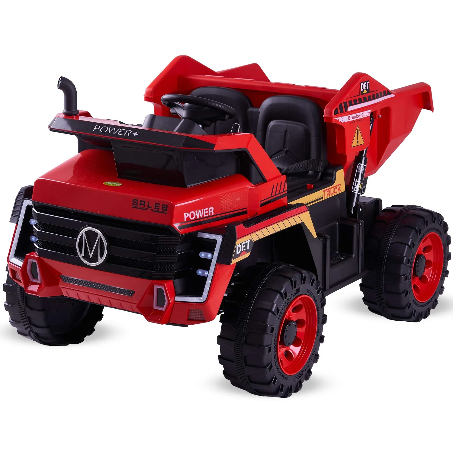 Two-seater electric construction dump truck for kids, isolated on white background.