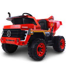 Red and black 2 seater electric construction truck ride on toy for children, 12 volt