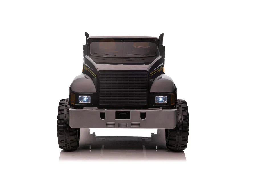Front view of a black, two-seater farmer truck electric ride-on for kids, isolated on white background.