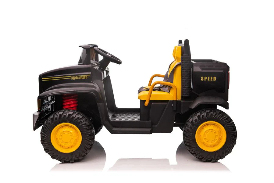 Black and yellow, 2-seater children's electric ride-on Farmer Truck with a large 12V10AH battery, isolated on a white background.