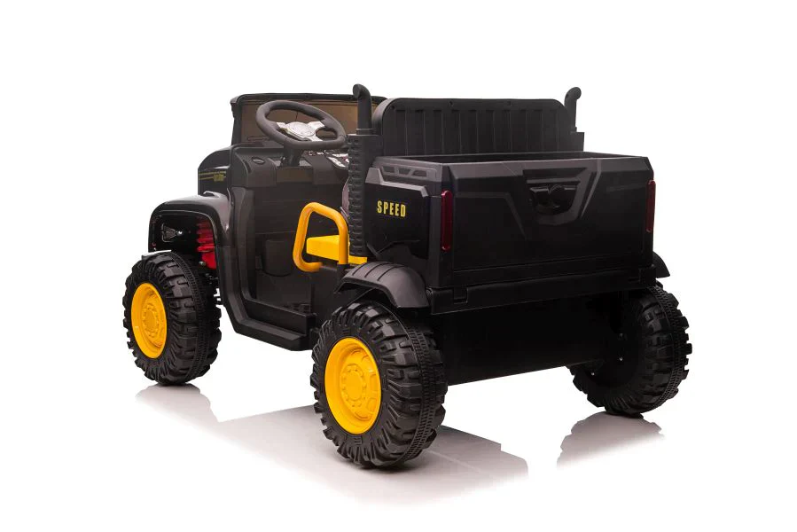 Black and yellow electric farmer truck toy for children with an attached 12v10ah large battery, isolated on white background.