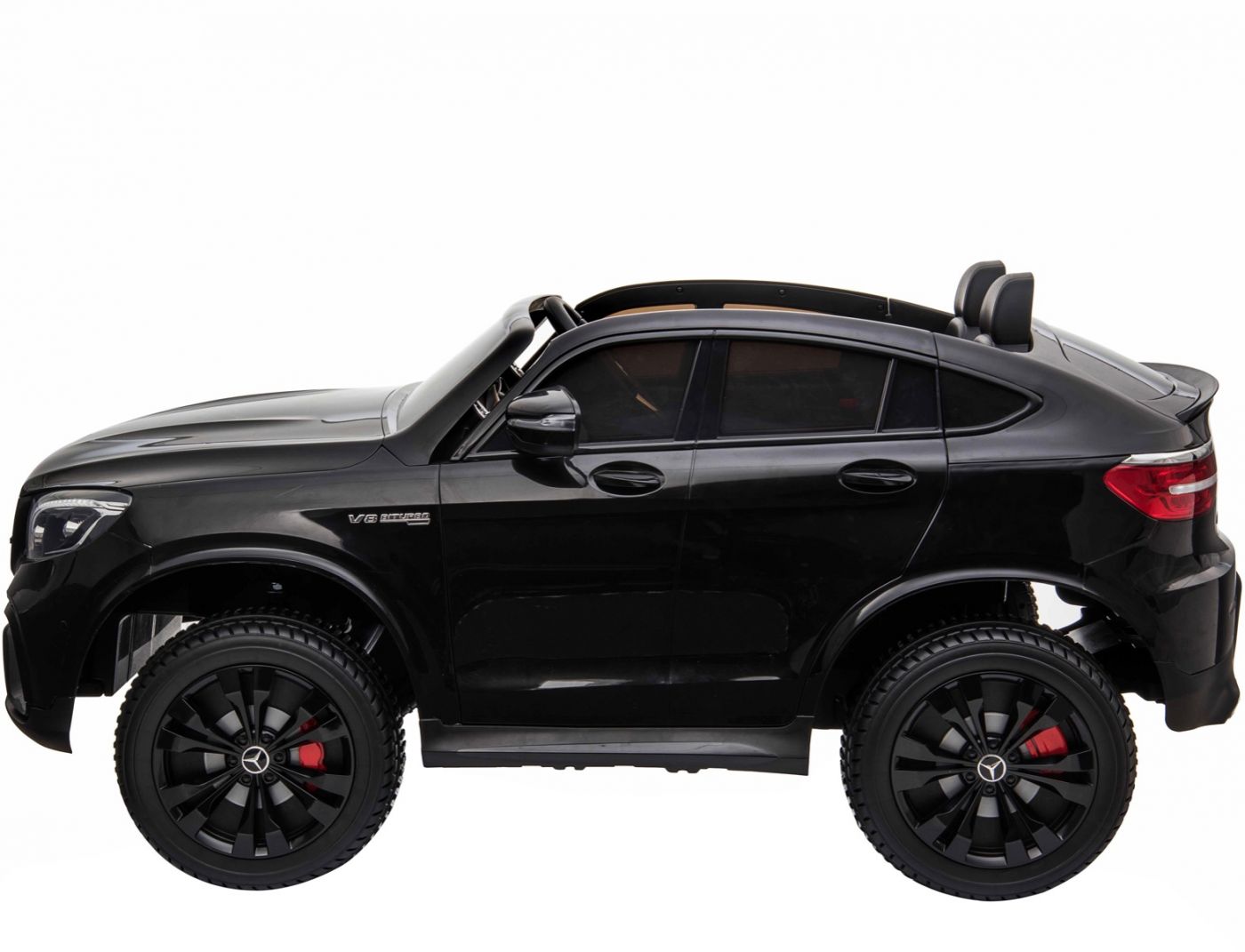 Black Mercedes AMG GLC63 S Coupe 2 Seater toy car for kids with oversized wheels on a white background, suitable for use under adult supervision
