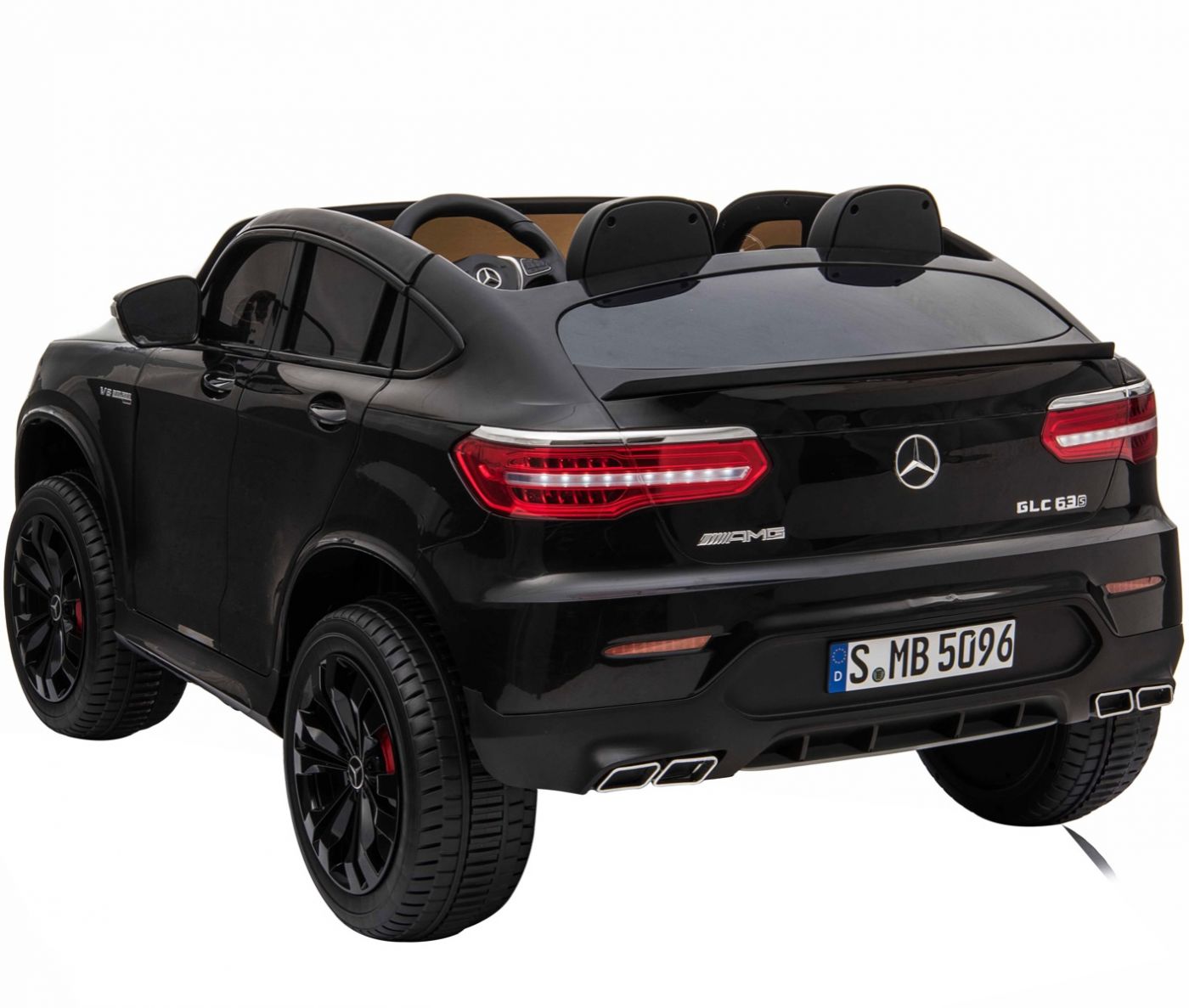 Black Mercedes AMG GLC63 S Coupe two-seater electric ride-on car for kids on a white background".