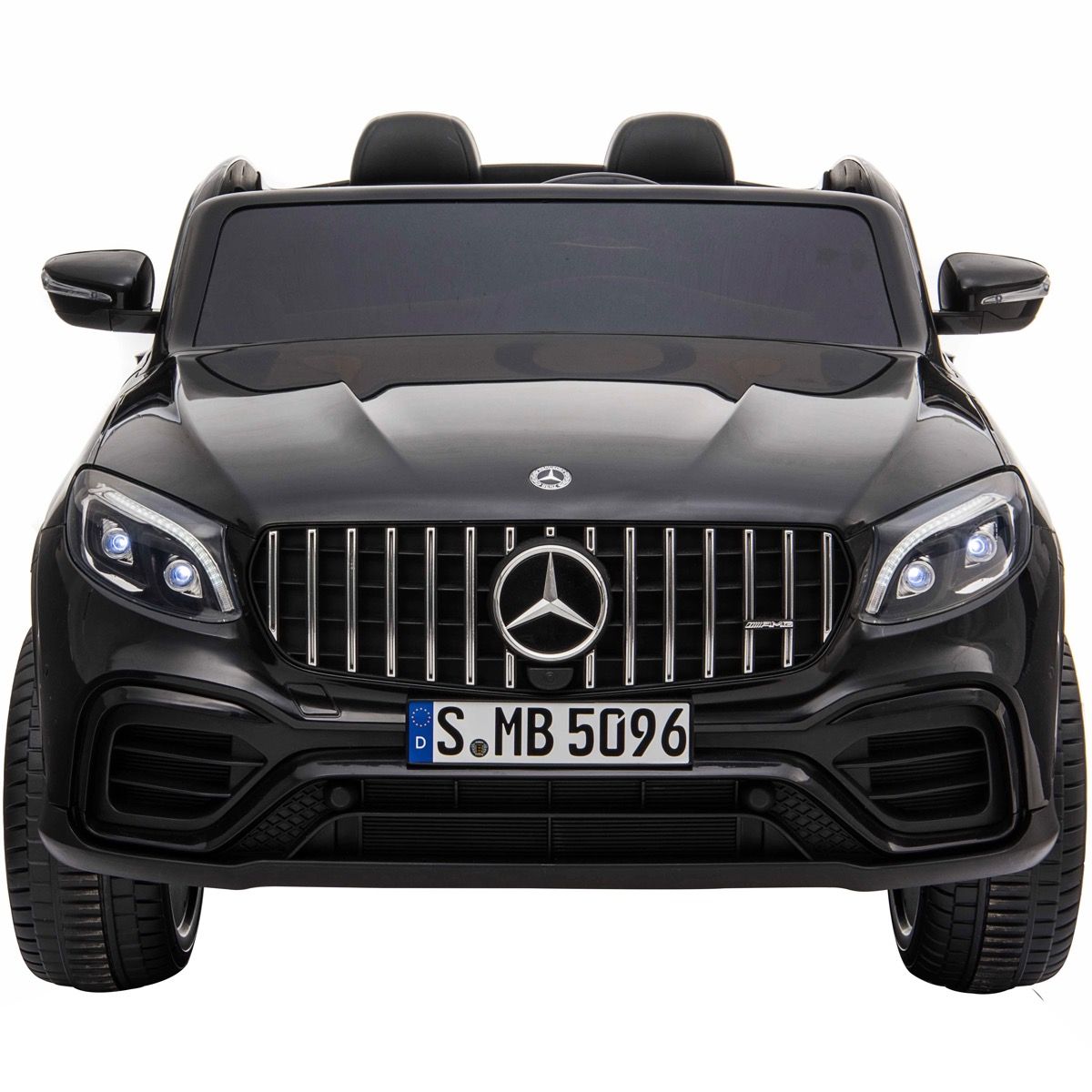 Front view of a black, two-seater Mercedes AMG GLC63 S Coupe SUV Kid's ride-on electric car on a white background.