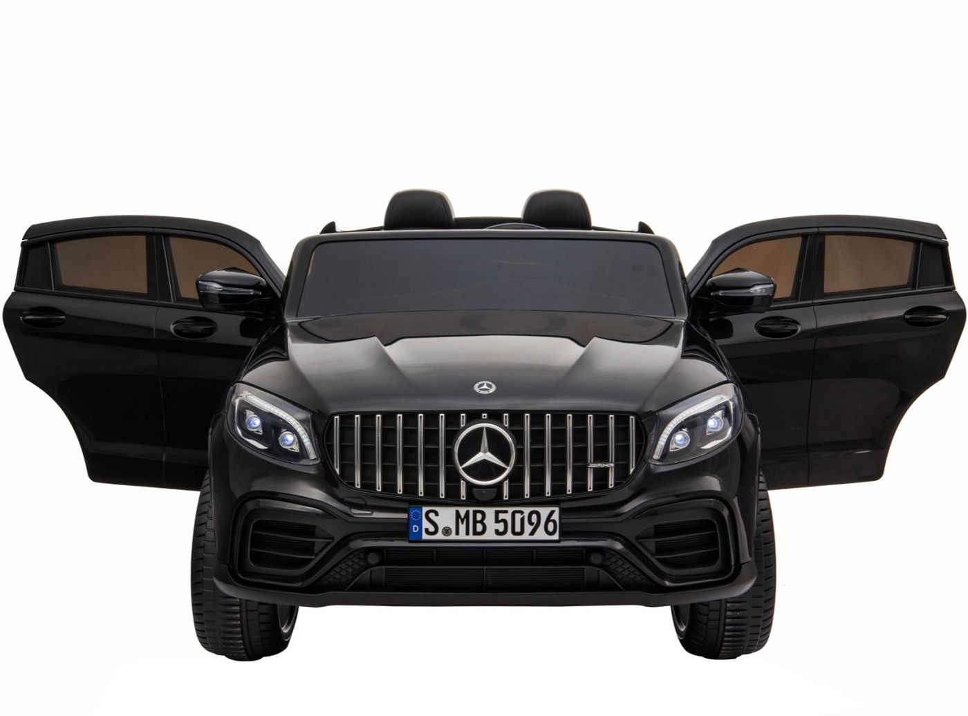 Black Mercedes AMG GLC63 S Coupe 2 Seater Kids Electric Ride On Car with open doors on white background