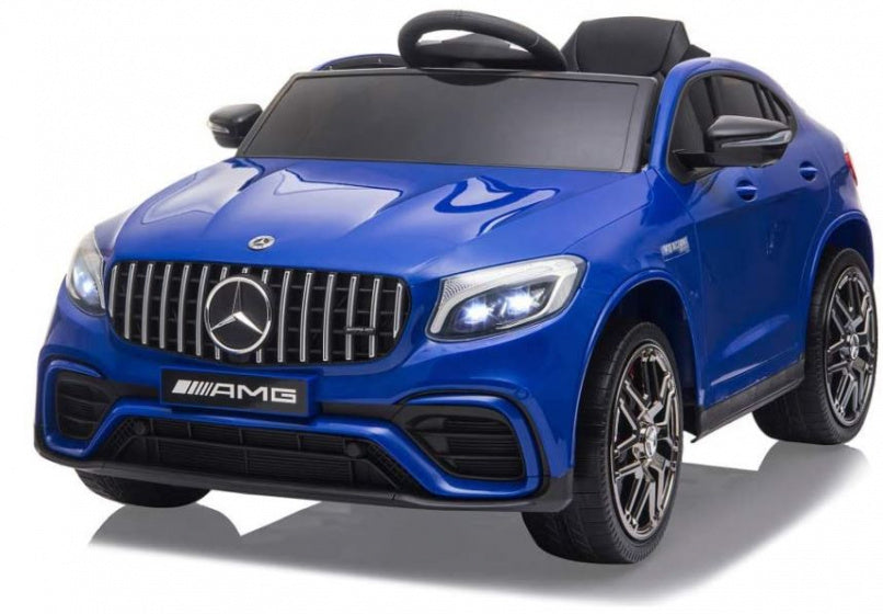 Blue Mercedes GLC 63S AMG electric ride-on car for children, modeled after premium adult vehicle