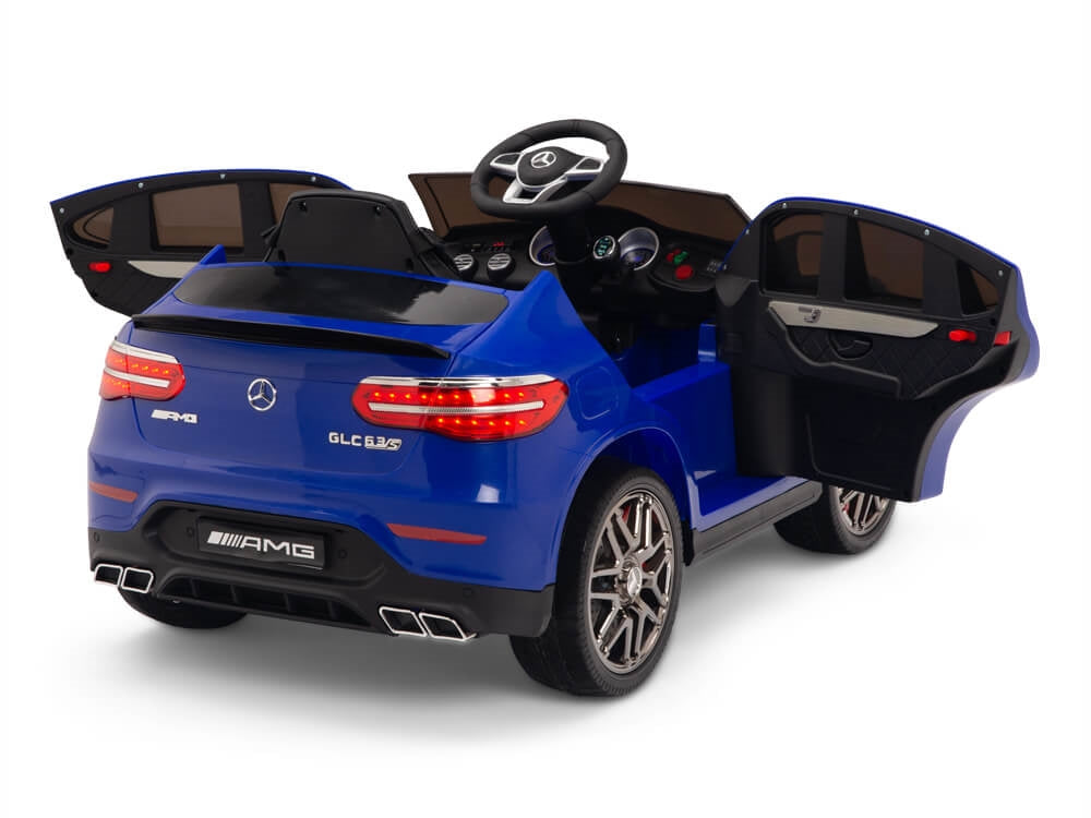 Blue Mercedes GLC 63S AMG electric kids car with open doors and trunk, 12 volt model