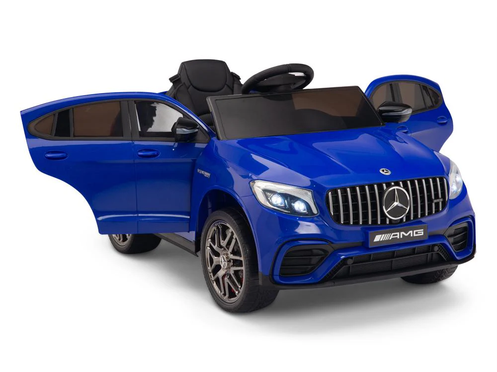 Blue Mercedes GLC 63S AMG toy ride-on car for children with open doors, powered by 12 Volt battery from Kidscar.co.uk