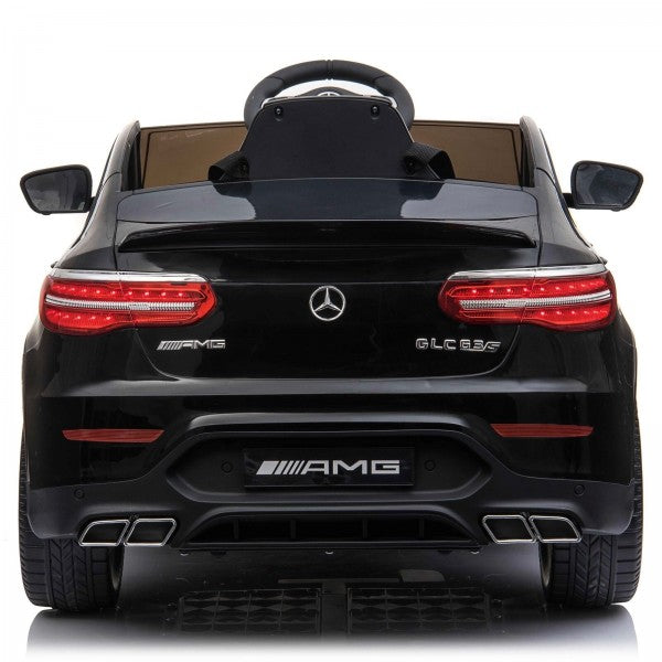 "Black Metallic Mercedes GLC 63S AMG electric coupe ride on for kids, 12V SUV model."