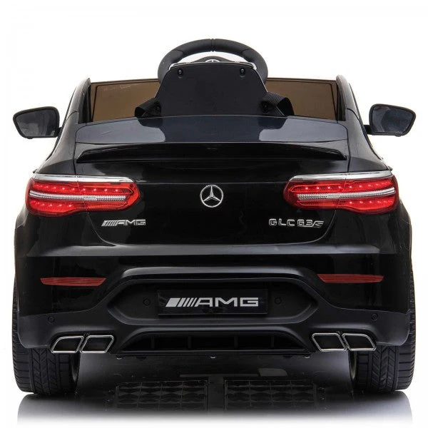 "Black Metallic Mercedes GLC 63S AMG electric coupe ride on for kids, 12V SUV model."