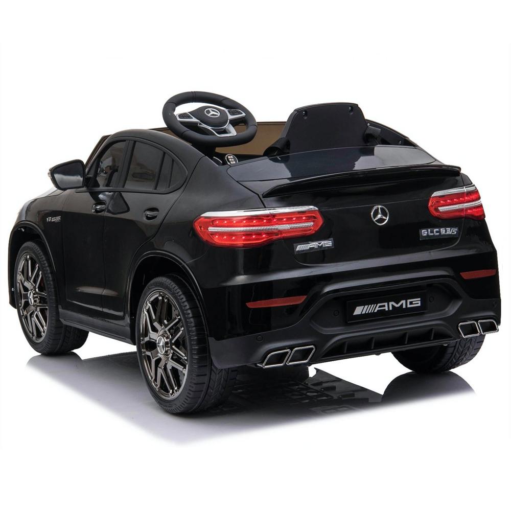 Black Mercedes GLC 63S AMG electric ride-on toy car for kids on a white background