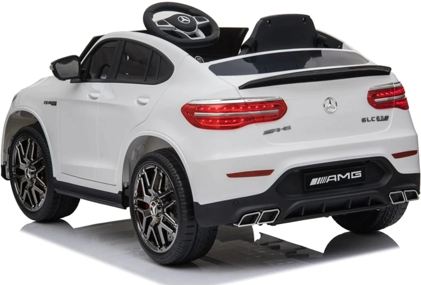 White Mercedes GLC 63S AMG Ride On Car Coupe 12 Volt for children, accompanied by black trim details.