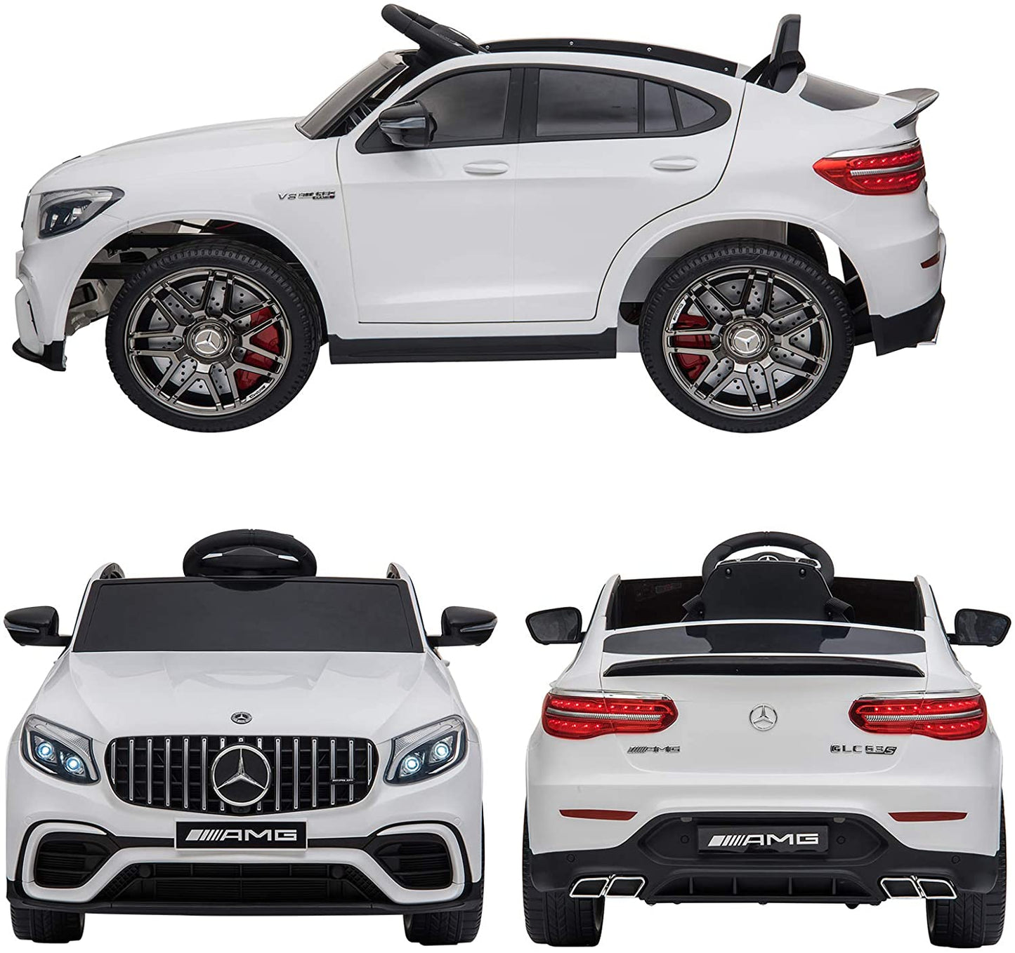 White Mercedes GLC 63S AMG ride-on car for kids, showing front and side angles." "12 volt white Mercedes child's car coupe from various viewpoints." "Electric ride-on toy, white Mercedes GLC 63S AMG view from rear angle.