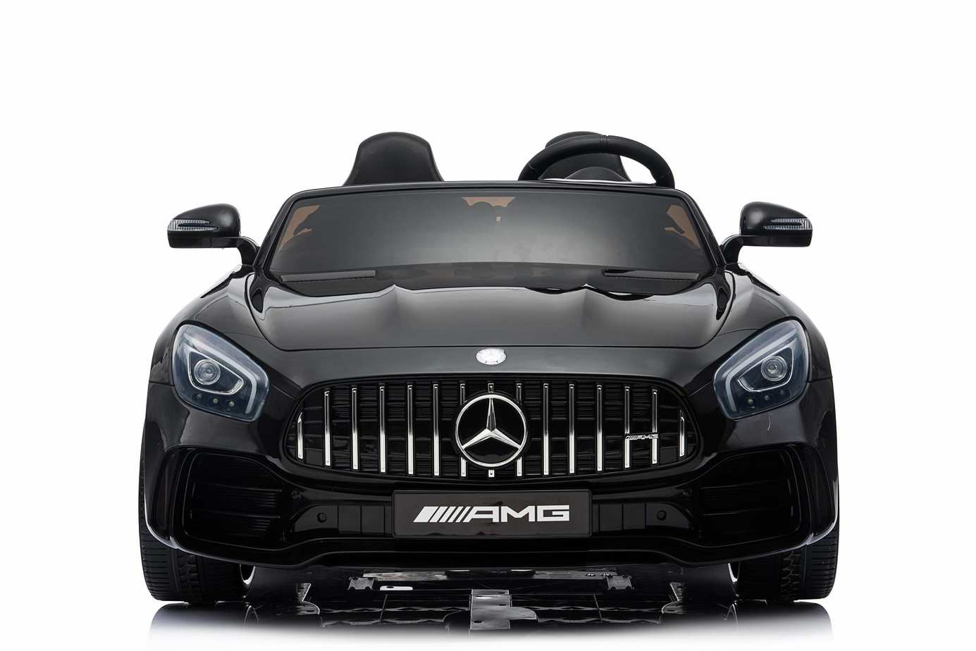 Black Mercedes AMG GTR 2 Seater electric ride-on sports car with parent remote, displayed on a white background
