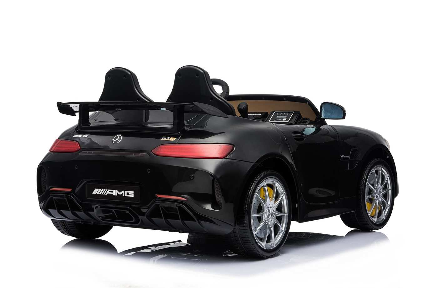 Black Mercedes AMG GTR 2-Seater Electric Ride-On Convertible Car for Kids with Parent Remote Control, displayed against a white background.