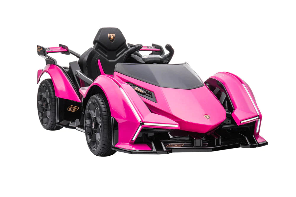 Pink and black three-wheeled Lamborghini Gran Turismo children's electric ride-on 12v on a white background.