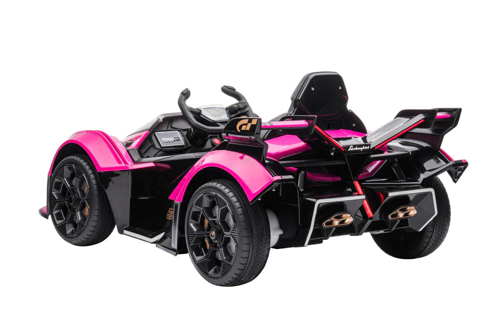 Black and Pink Electric 12v Lamborghini Gran Turismo Ride on Toy Car for Children, isolated on white background.