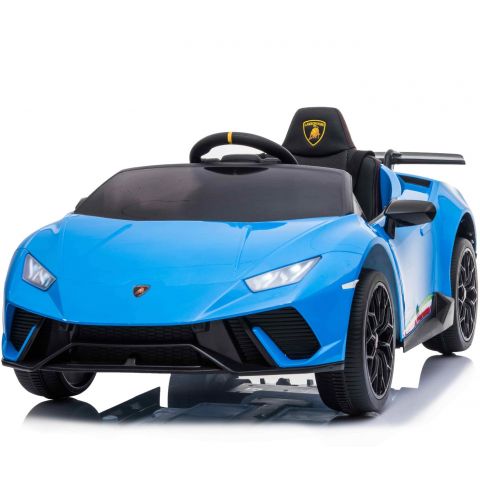 Blue Lamborghini Huracan Performante electric ride on 12V car for children, displayed against a white background.