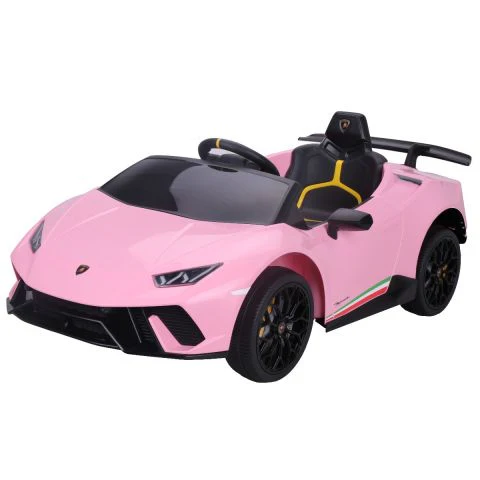 "Pink Lamborghini Huracan Performante 12V electric ride on car for kids on a white background"