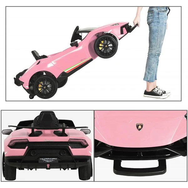 "Proud woman displaying pink Lamborghini Huracan 12V ride-on car by Lamborghini for children"