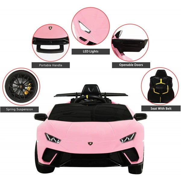 "Pink Lamborghini Huracan Performante electric ride on 12V car for kids with full features"