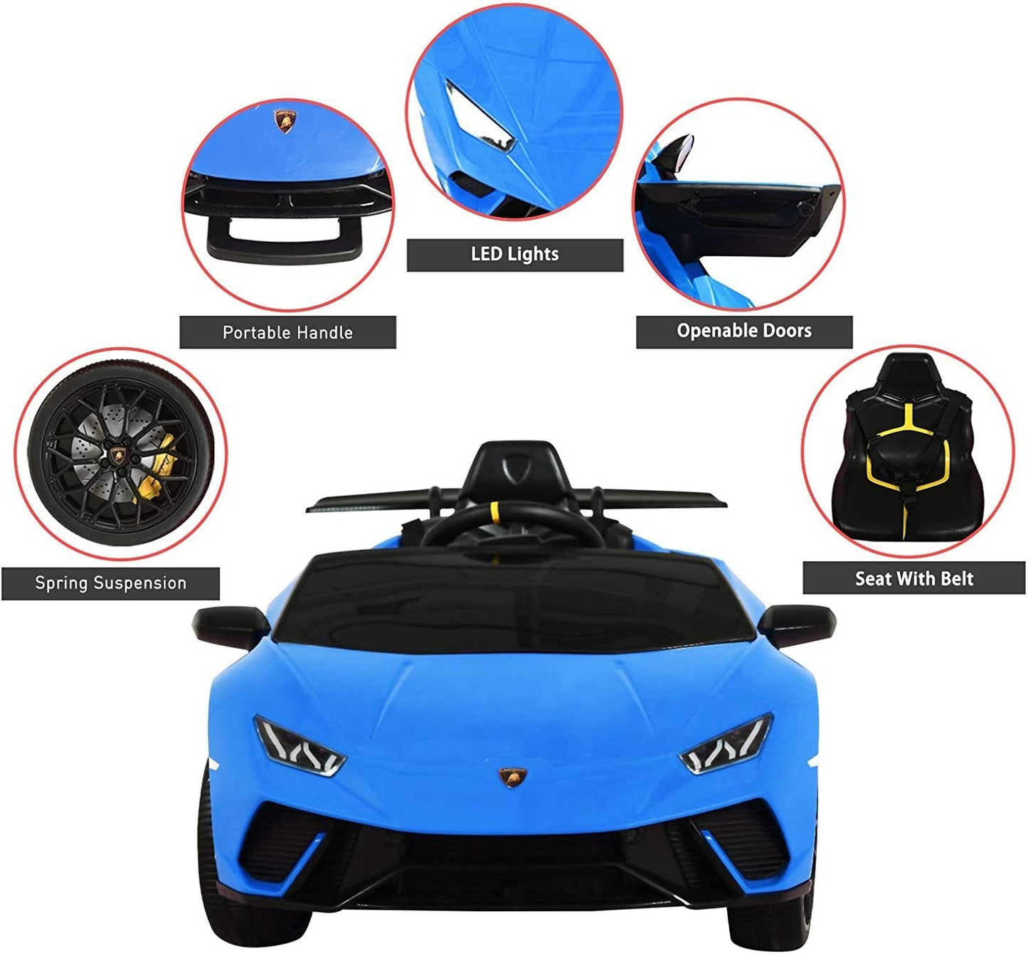 Blue Lamborghini Huracan Performante 12V Electric Ride-On Car for kids with LED lights, openable doors and safety belt.